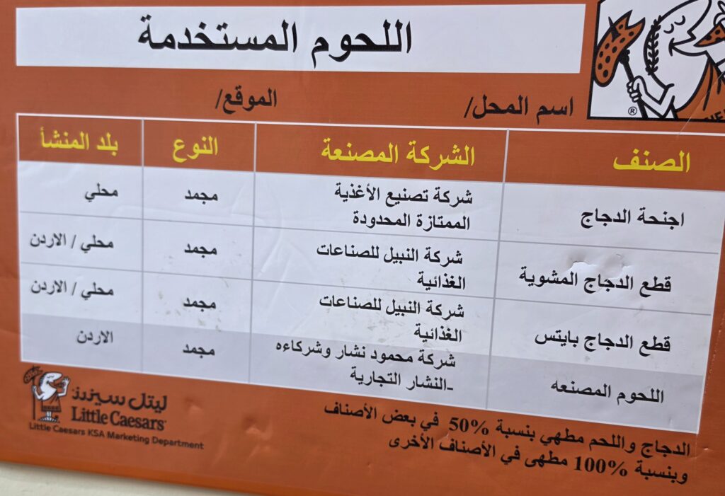 لوحة توضح مصدر اللحوم والدجاج المستخدم في ليتل سيزرز