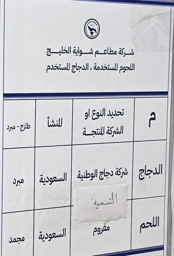 لوحة مصادر الدجاج واللحوم المستخدمة في مطعم شواية الخليج دجاج الوطنية والتنمية