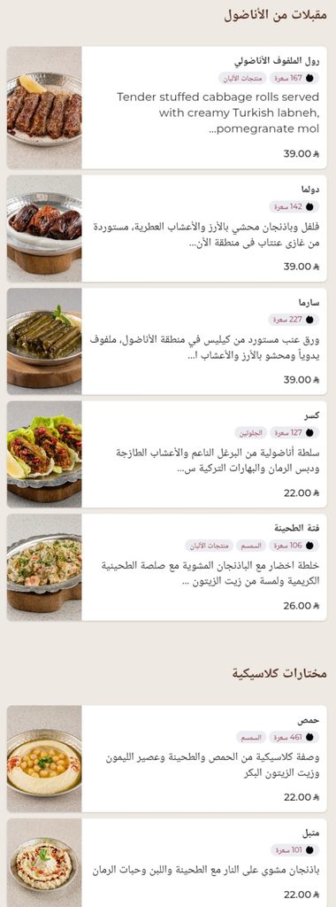 قائمة الطعام تشمل المقبلات والكلاسيكيات